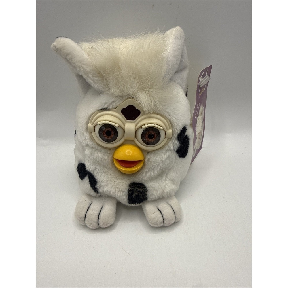 1999 FURBY BUDDIES BEAN BAG TOY- WHITE-BLACK SPOTS-BR0WN EYES